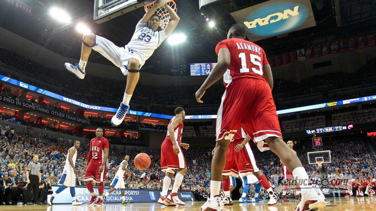 Kentucky Wildcats forward Anthony Davis (23) got called for a technical foul after he dunked and hung on the rim as #1 Kentucky  defeated Western Kentucky 81-66  on Thursday  March 15, 2012  in Louisville, Ky. Photo  by Mark Cornelison | Staff