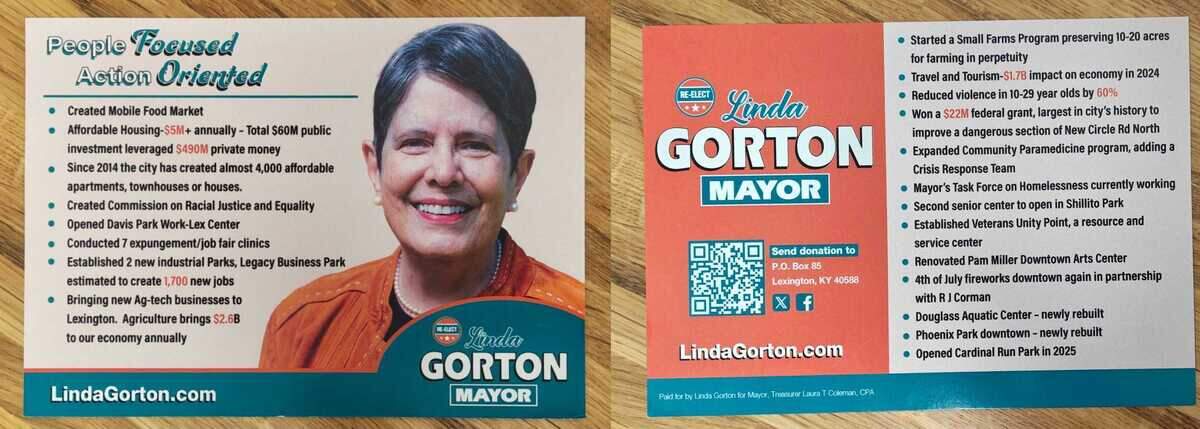 The front and back of a campaign card for Lexington Mayor Linda Gorton lists 21 accomplishments of her administration. The agreement for a new city hall building is not listed as one of her achievements.