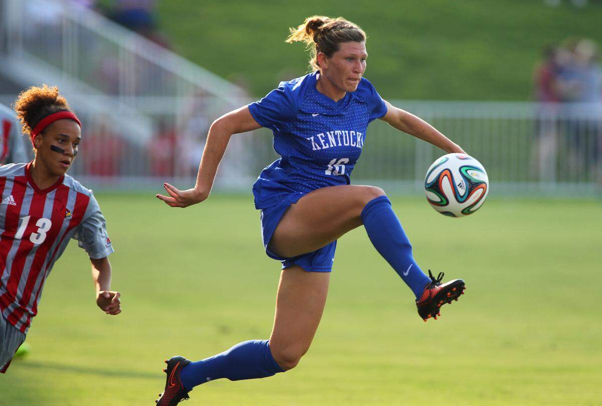 Arin Wright, who previously went by Arin Gilliland, plays for the University of Kentucky women’s soccer team against the University of Louisville in September 2014 at Dr. Mark & Cindy Lynn Stadium in Louisville. For the first time, Wright will return to Kentucky to play professional matches when her National Women’s Soccer League team, the Chicago Red Stars, take part in The Women’s Cup on Aug. 18 and Aug. 21 at Lynn Family Stadium in Louisville.