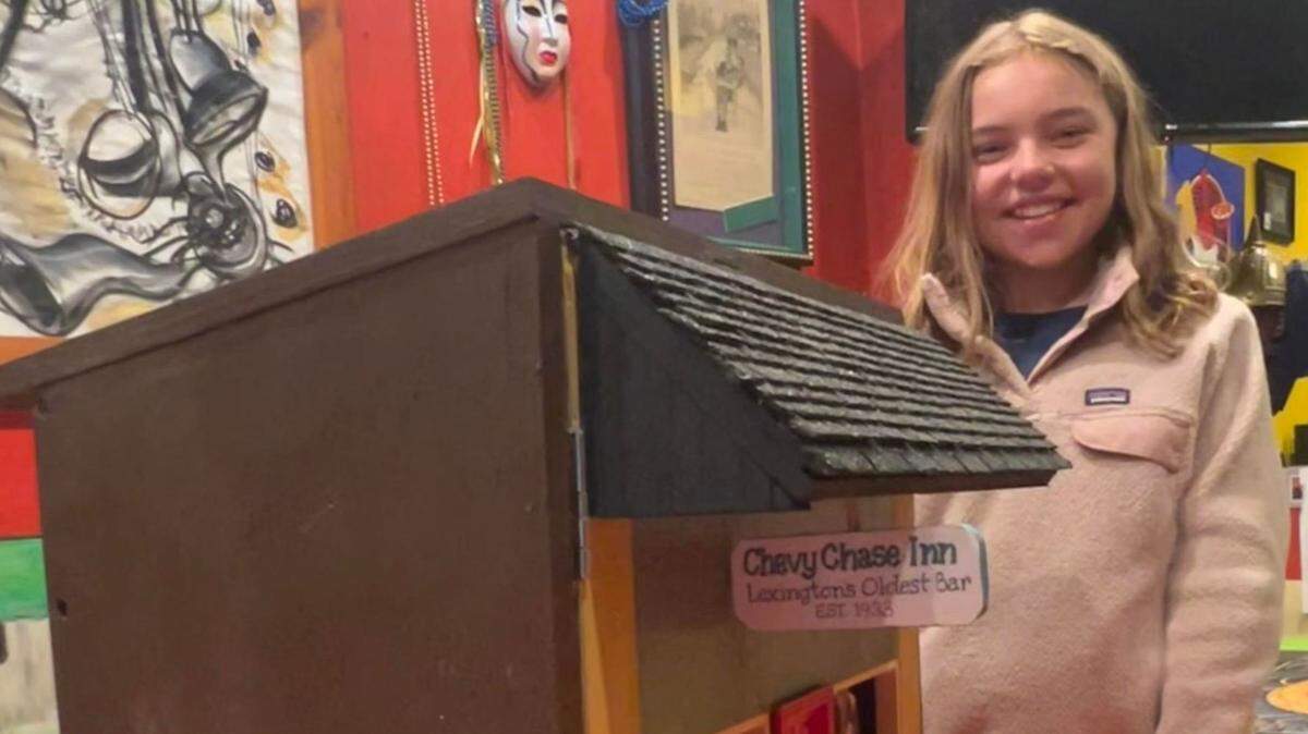 Stella Heathcoat, a Providence Montessori student, made a replica of her father’s bar, Chevy Chase Inn, to honor her friend Russell “Redeye” Salyer, who died in July. The miniature is a Little Free Library that will be placed outside the bar on Euclid, next to Bourbon ‘n’ Toulouse.