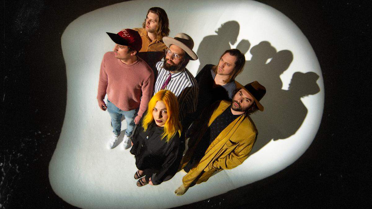 The Head and the Heart, top row left to right, Tyler Williams, Chris Zasche, Matt Gervais and Jon Russell. Pictured in the bottom row, left to right, Kenny Hensley (wearing cap) and Charity Rose Thielen. The group is touring on its third album, “Living Mirage”.