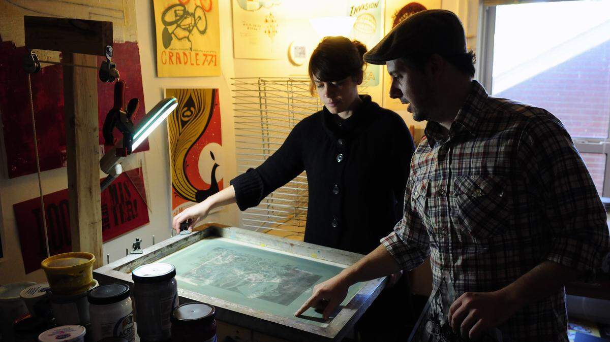 At Lexington's Cricket Press, Sara and Brian Turner design and hand-print silk screen posters in addition to other design work. They are first-time exhibitors at the Woodland Art Fair.  