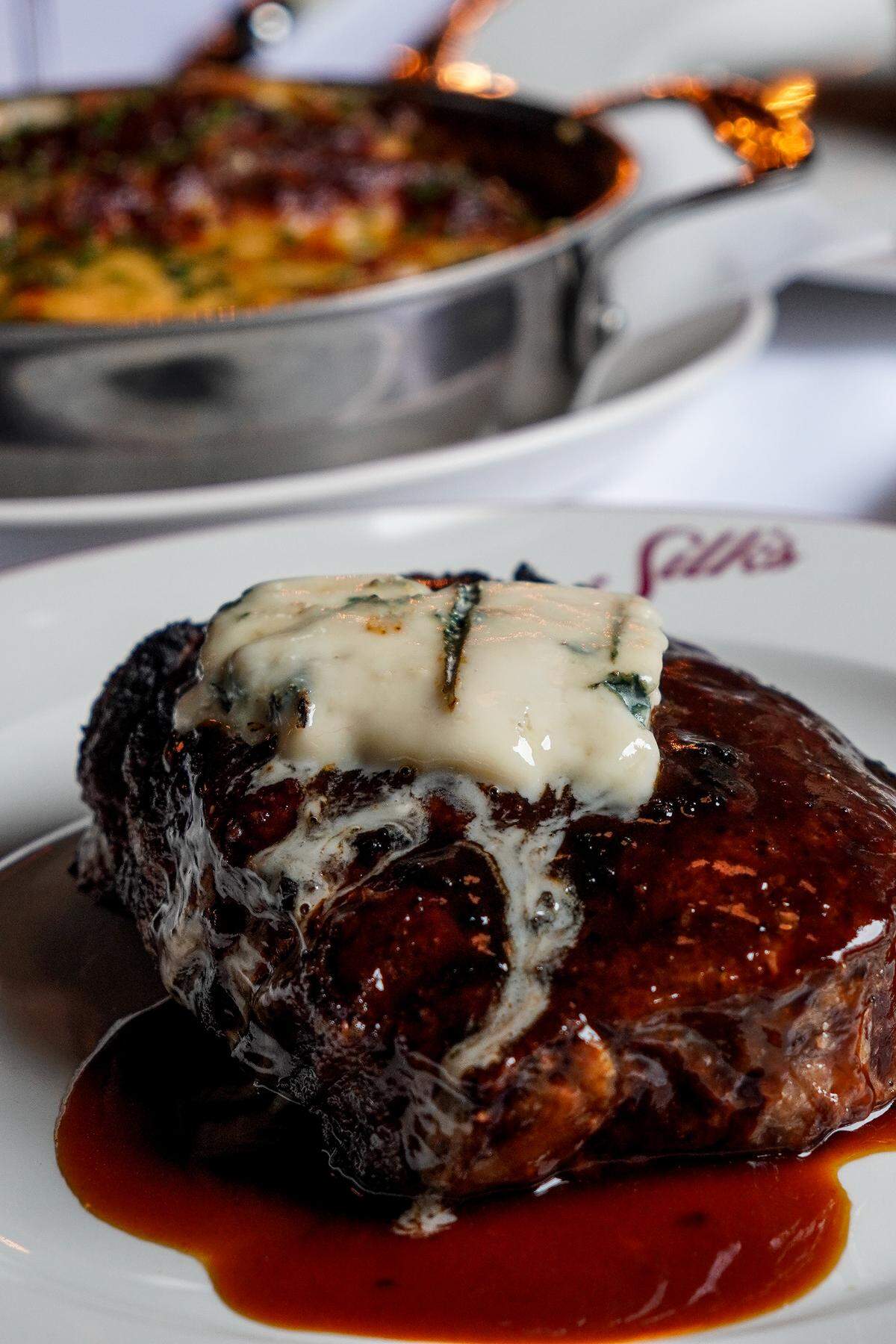 All of the dry-aged, prime steaks at Silk’s Steakhouse, located inside The Aldenberg Hotel in Versailles, Ky., can be topped with a sauce or butter including the signature Beef Style. It’s a bordelaise sauce is then covered with a thick slice of Point Reyes blue cheese ($7).
