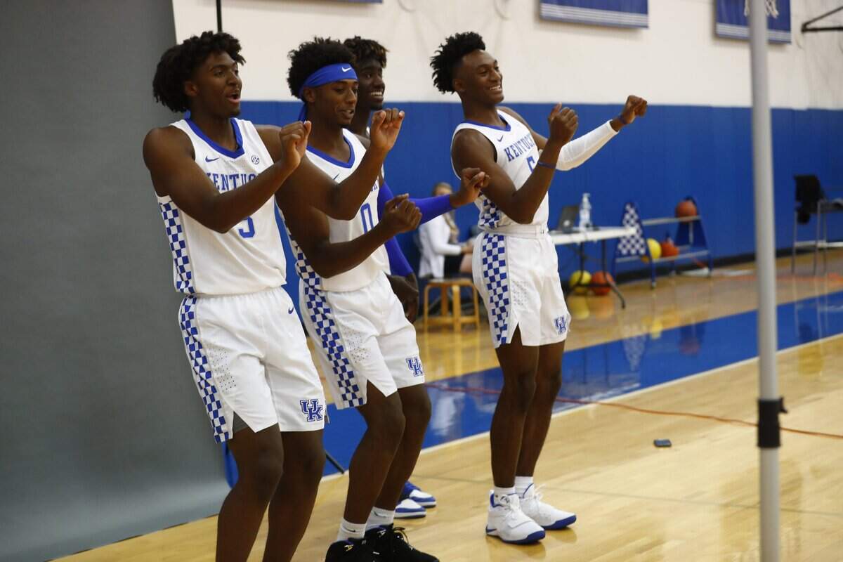 Tyrese Maxey (from left), Ashton Hagans, Kahlil Whitney and Immanuel Quickley dance during the 2019 UK Men’s Basketball Photo Day on Sept. 19, 2019.