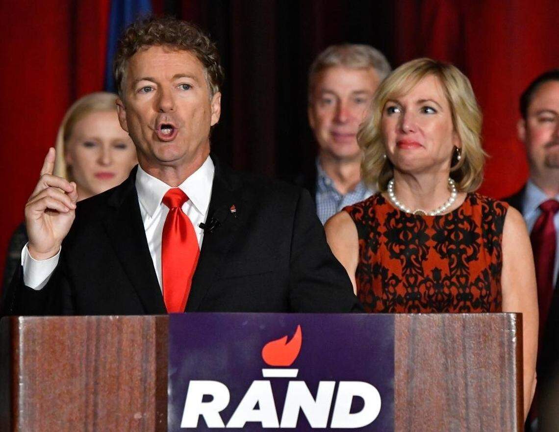 Sen. Rand Paul, R-Ky. addresses the crowd gathered at his victory celebration, Tuesday, Nov. 8, 2016, in Louisville Ky. Right is his wife Kelley Paul.
