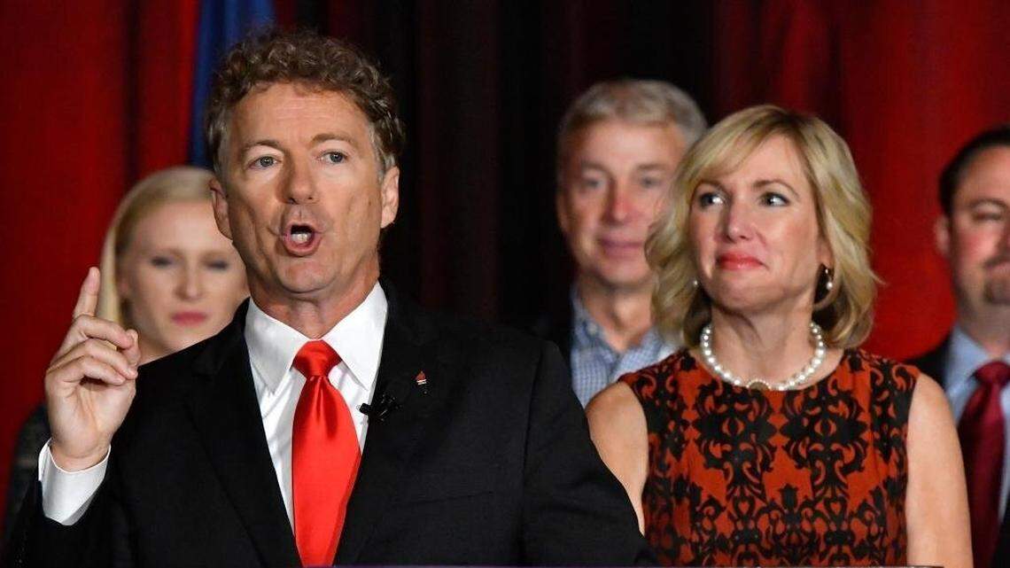 Sen. Rand Paul, R-Ky. addresses the crowd gathered at his victory celebration, Tuesday, Nov. 8, 2016, in Louisville Ky. Right is his wife Kelley Paul.