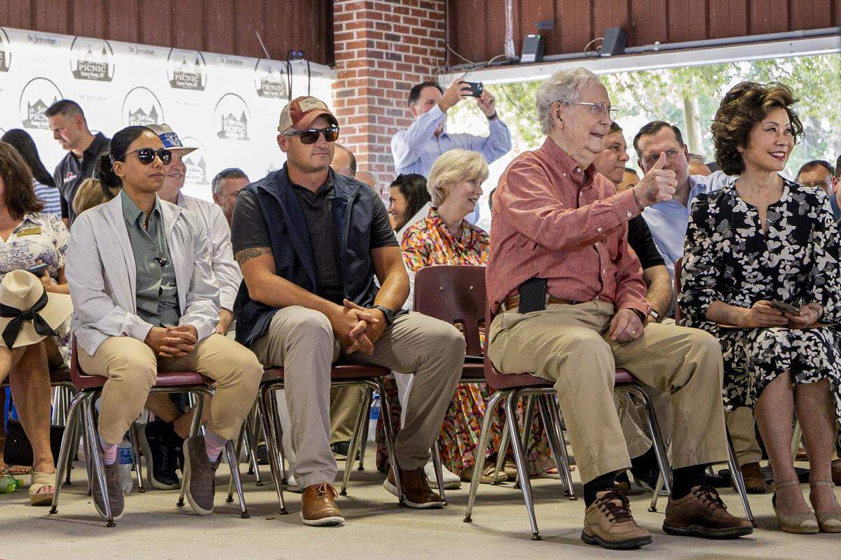 Mitch McConnell holds up a thumb to the media during Fancy Farm Picnic on Saturday, Aug. 2, 2025, at St. Jerome Church in Fancy Farm, Ky.