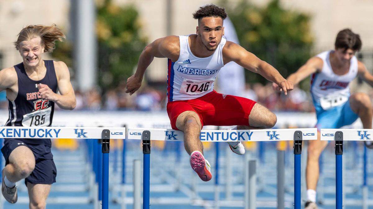 Jalen Lukitsch of Mercer County takes first place in the boys’ 110-meter hurdles during the Class 2A state meet.