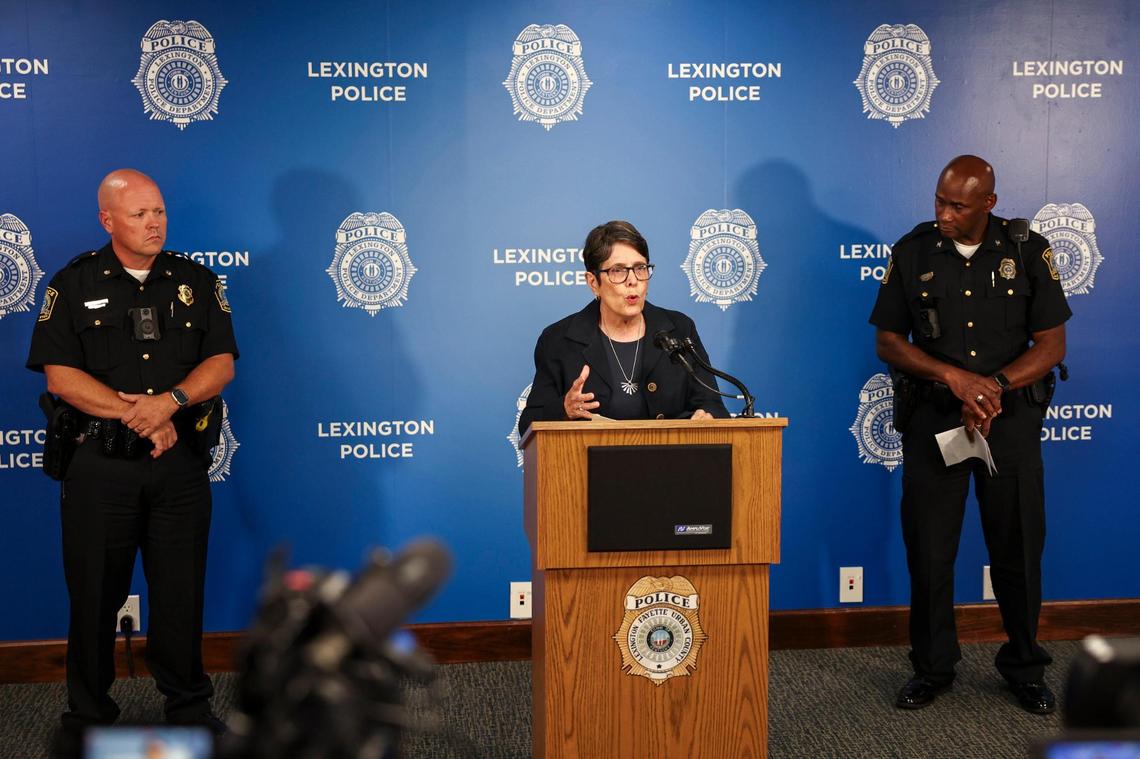 Lexington Mayor Linda Gorton speaks to reporters about a new Fusus video camera platform during a press conference at Police Headquarters in Lexington, Ky, Wednesday, August 23, 2023.