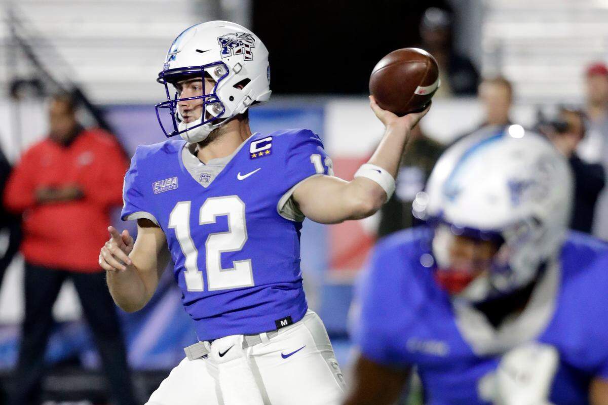 Middle Tennessee quarterback Brent Stockstill (12), the son of MTSU head coach Rick Stockstill, is the Blue Raiders’ career leader in passing yards and touchdown throws.