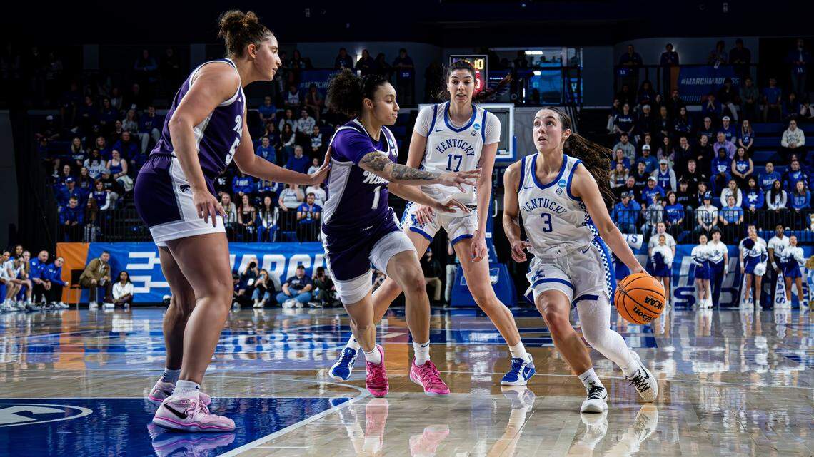 Georgia Amoore (3), the subject of intense defensive attention from Kansas State all afternoon, made only seven of her 23 shot attempts Sunday.