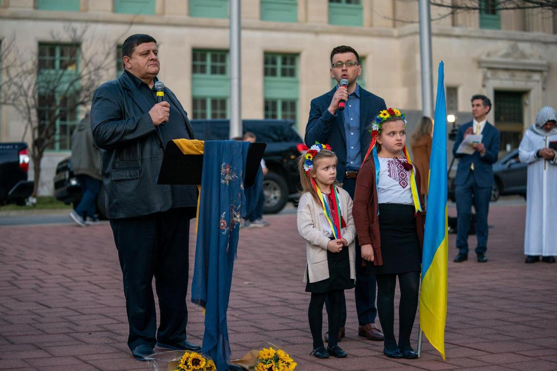 Yaroslavl Boyenchko, left and Victor Selepina spoke at the Peace Vigil for Ukraine put on by Mayor’s International Affairs Advisory Commission at the Robert Stephens Courthouse Plaza on Wednesday March 2, 2022 in Lexington, Ky.