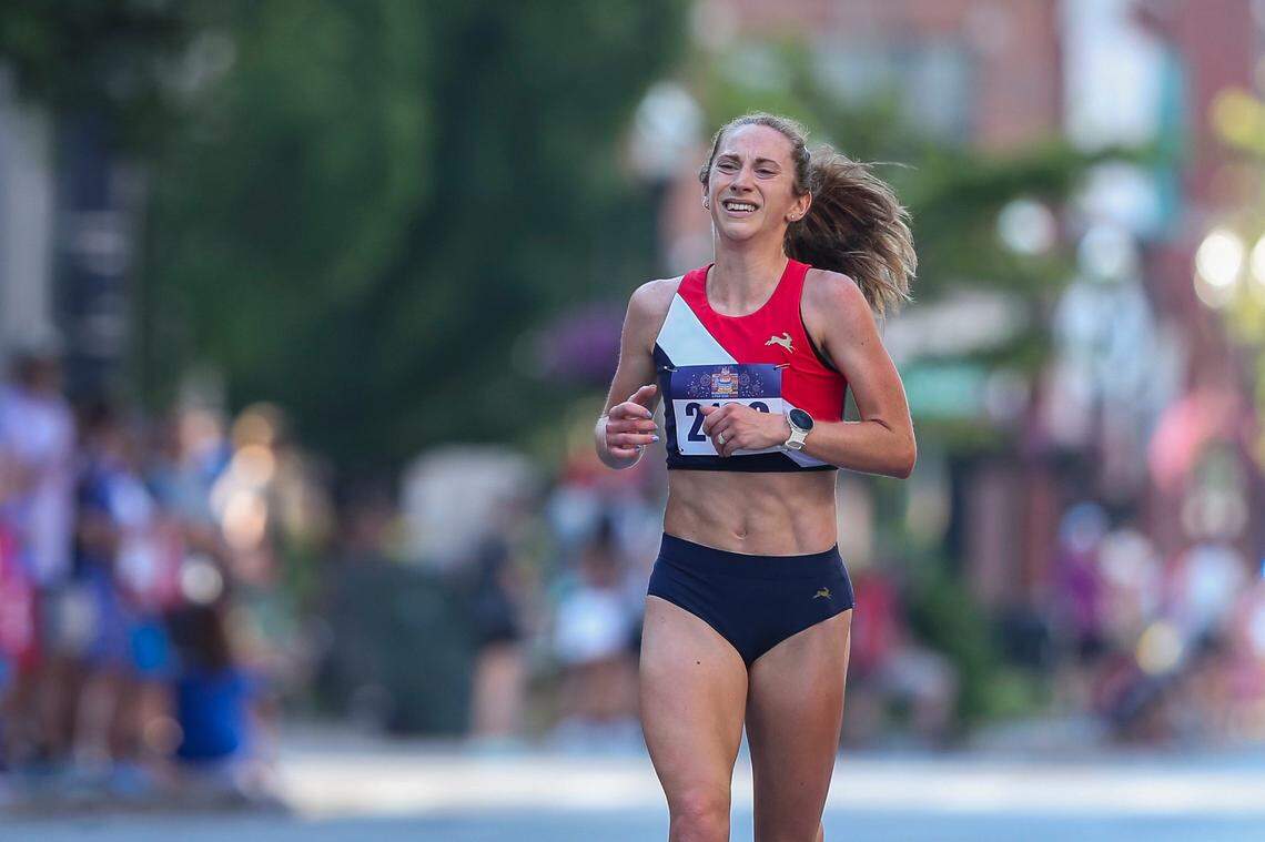 Former University of Kentucky All-America runner Katy Presley was the first female finisher in the 2025 Bluegrass 10,000 on Friday.