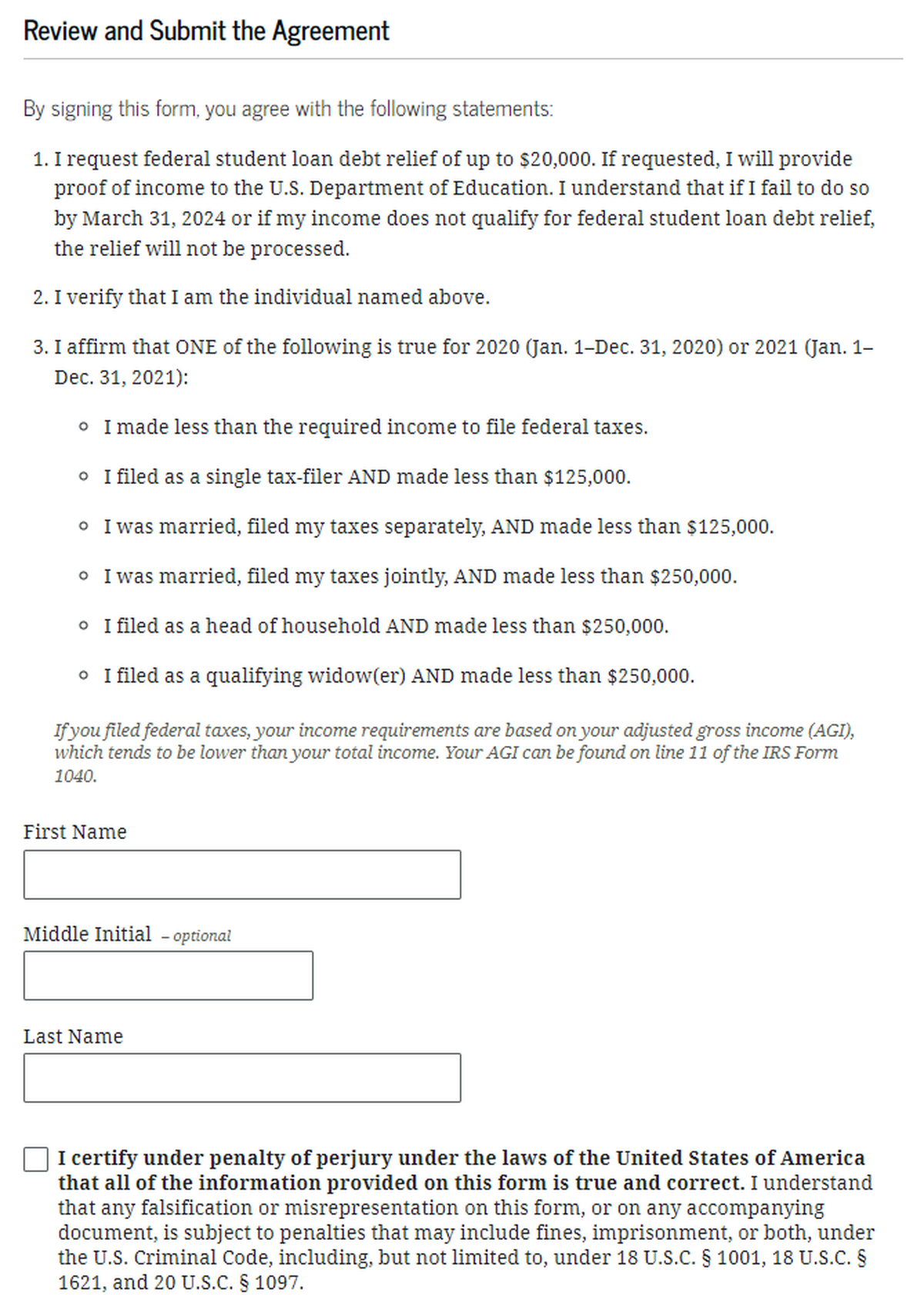 A screenshot from the U.S. Department of Education website displays what borrowers need to attest to in order to qualify for student loan relief. 