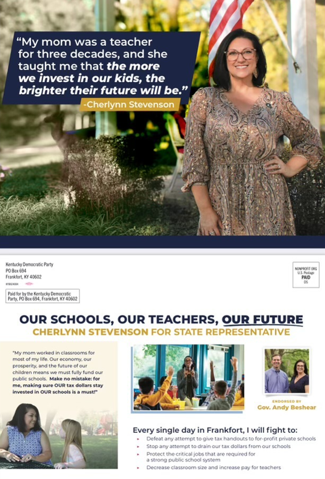 A mail advertisement supporting Cherlynn Stevenson from the Kentucky Democratic Party.