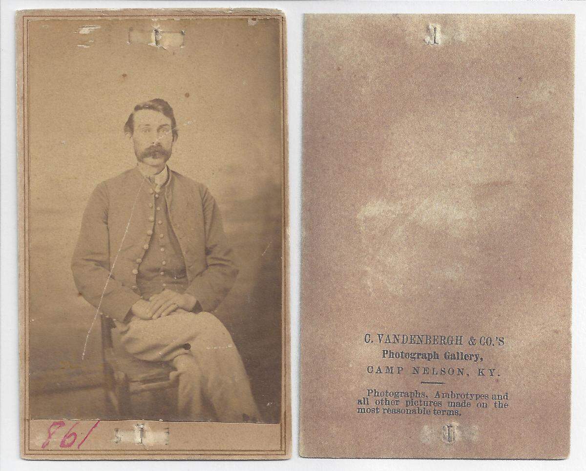 Often a soldier wanted a photo to use for a carte de visite, such as this one made by the C. Vandenbergh & Co. at Camp Nelson. Other photo studios included William Rodecker’s and George Findley’s. Soldiers could send these small portraits home to family members and loved ones.