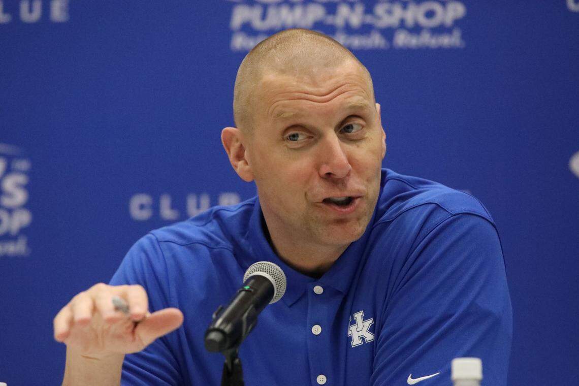 Kentucky men’s basketball coach Mark Pope talks to supporters during the Club Blue NIL event at Alltech Arena on June 15.
