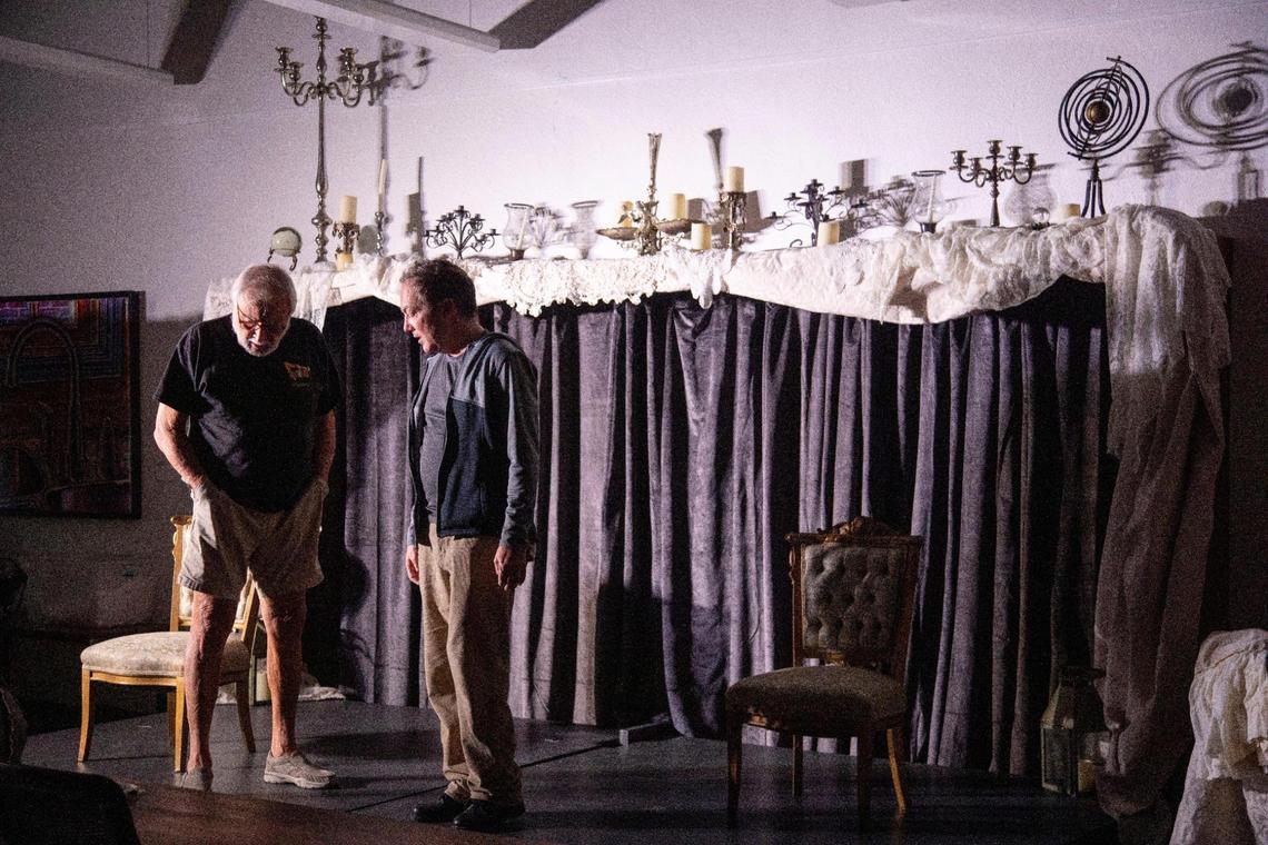 Director Joe Ferrell talks with actor Ryan Case before running through a rehearsal of “Turn of the Screw” Monday, October 25, 2021. The play will runs October 28-30 at Base 249 in Lexington.