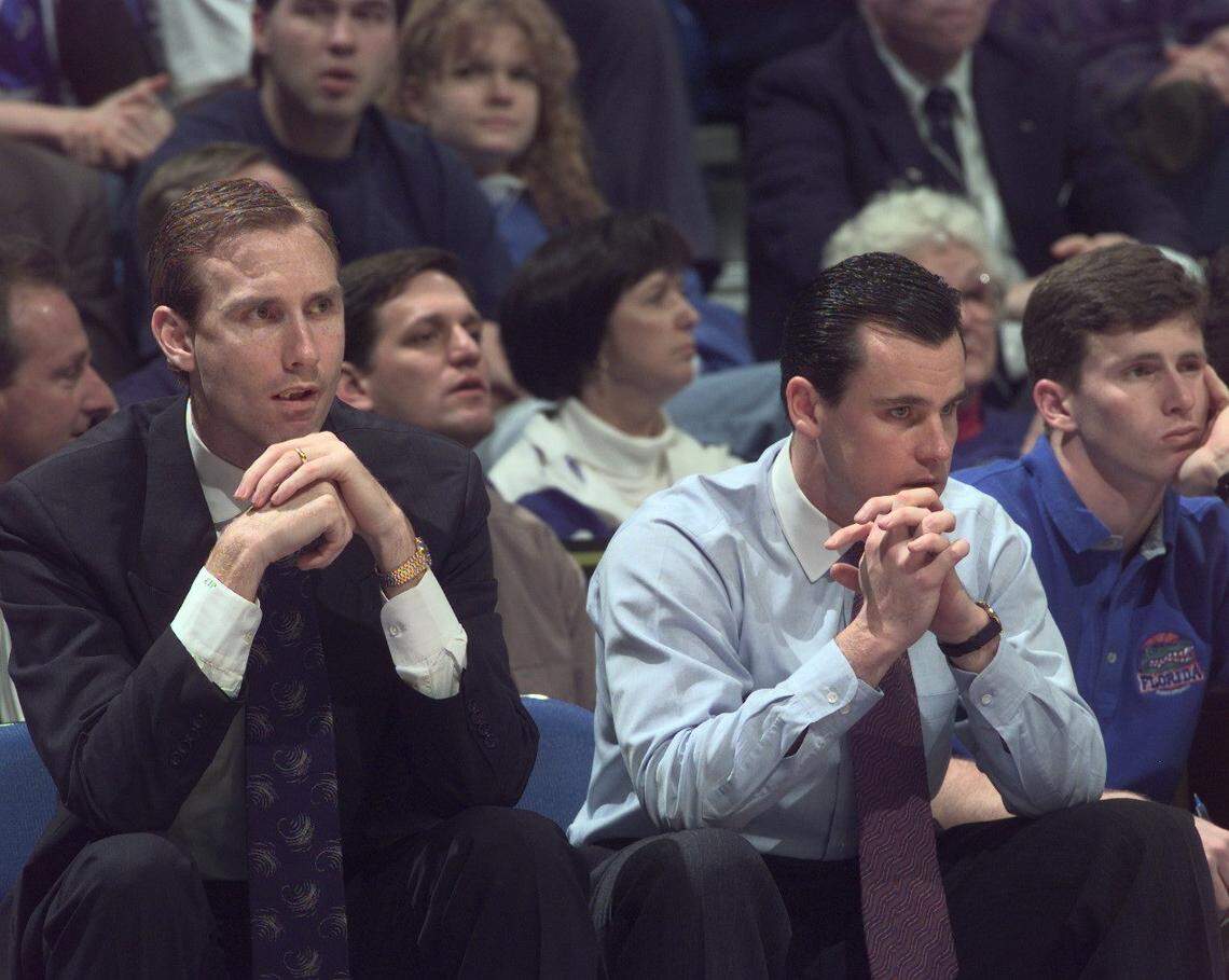 Billy Donovan, right, with his former Florida assistant and ex-Kentucky player John Pelphrey, right, during a Gators game with UK at Rupp Arena.