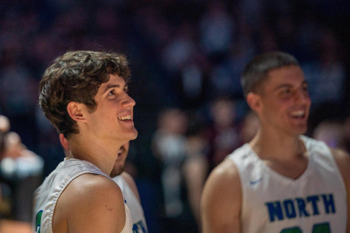 North Laurel Reed Sheppard, left, and teammate Ryan Davidson prepare to take the court against Pikeville in the Boys’ Sweet 16 state tournament in Rupp Arena on March 16.