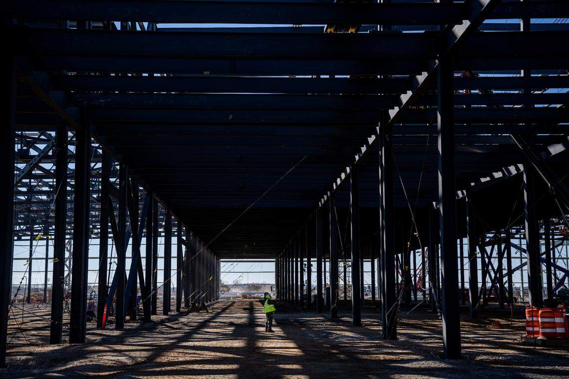 Construction is progressing at the BlueOval SK Battery Park outside Elizabethtown, Ky. The manufacturing facility is a partnership between Ford Motor Co. and SK On, a South Korea-based developer of electric vehicle batteries.