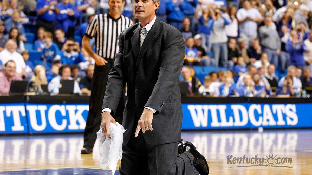 Villains coach Christian Laettner came out to wipe up the floor as the Villains defeated the Big Blue Allstars 152-149  at Rupp Arena  on Monday October 24, 2011  in Lexington, Ky.  Photo by Mark Cornelison | Staff