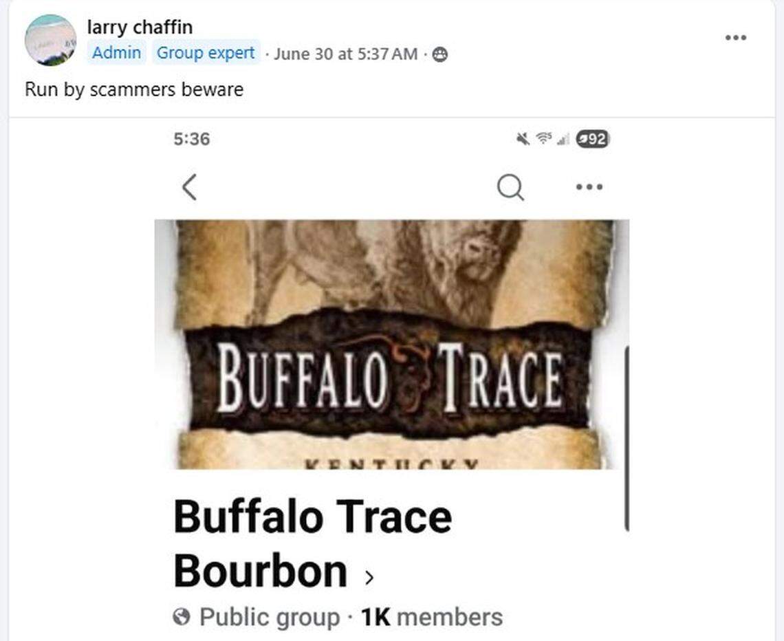 The Bourbon Scammers Facebook group found a fake “Buffalo Trace Bourbon” profile, seen here, that allegedly traced back to Cameroon.