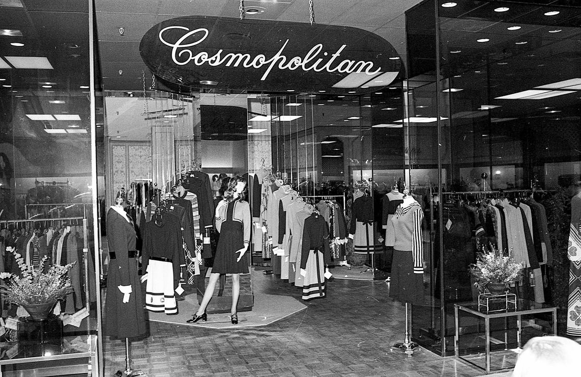Shillito’s top lines of women’s fashions on display in the Cosmopolitan, a shop-within-a-shop set off from the women’s clothes through the use of floor-to-ceiling smoked glass and mirrors, at the new Shillito’s Department Store in Fayette Mall, Oct. 4, 1971.