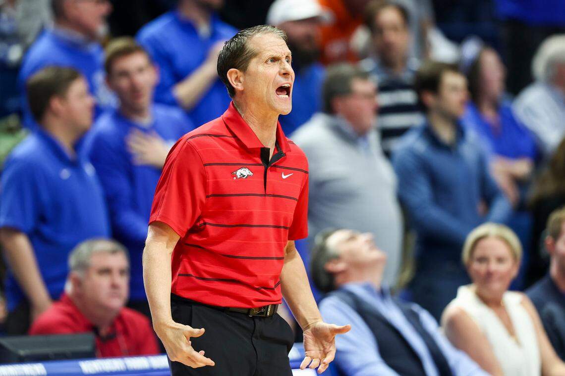 Arkansas head coach Eric Musselman yells to his players during Saturday’s game at Rupp Arena.