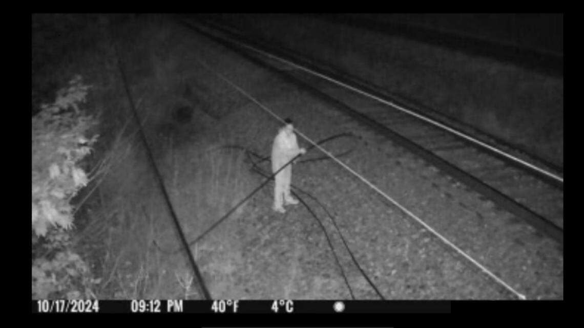 A camera caught this image of a person stealing wire from a Kinetic line in Perry County in 2024. Thieves steal utility wire in search of copper to sell to scrap metal dealers.