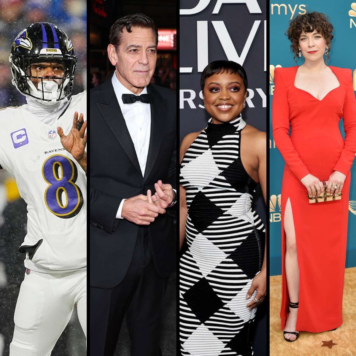 What celebrities do our Kentucky Derby red carpet reporters hope to see this year? In no particular order, but going from left to right in this photo: Lamar Jackson, George Clooney, Quinta Brunson and Jen Tullock.