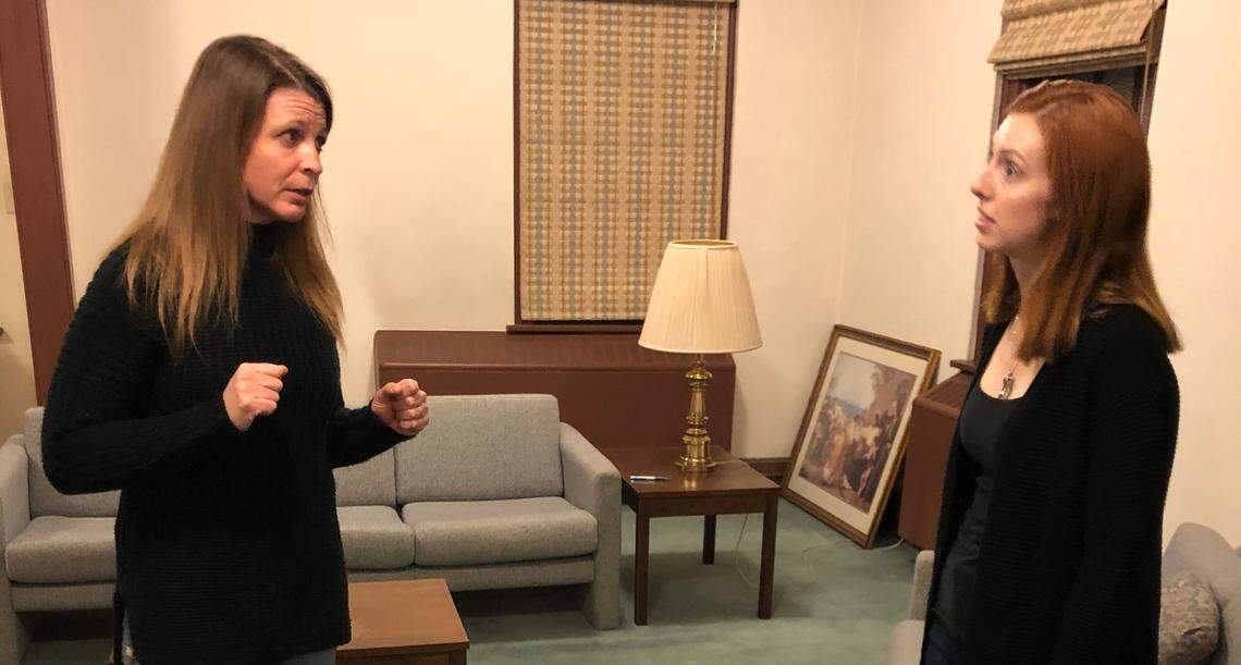 Kristina Ives, left, plays Louise and Sasha Halvorsen plays Ellie in ActOut Theatre Group’s Kentucky premiere of “Wrinkles” by Rebecca Basham. ActOut is Lexington’s only theater company focused on telling LGBTQ stories.