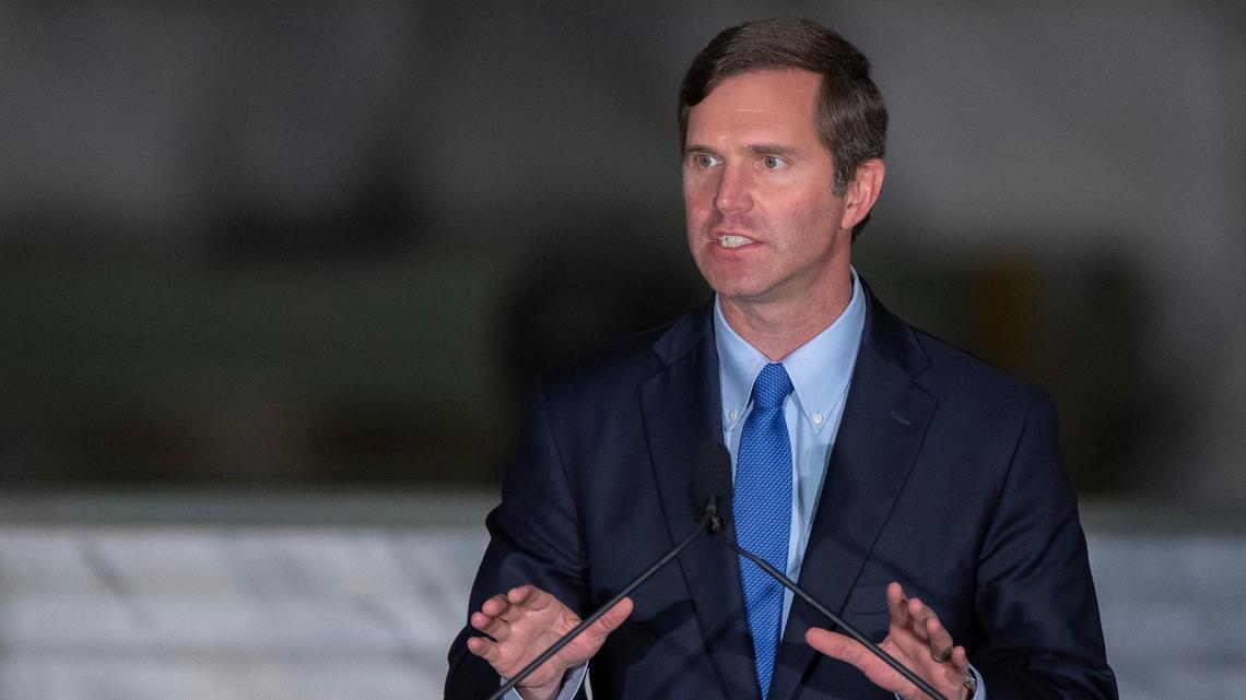 Kentucky Gov. Andy Beshear announcing plans for a $2 billion, 2,000-job electric vehicle battery plant in Bowling Green during a media conference at the Kentucky state Capitol in Frankfort, Ky., on Wednesday, April 13, 2022.
