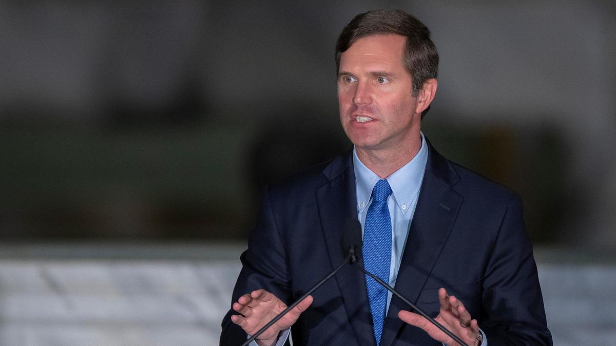 Kentucky Gov. Andy Beshear addresses an audience at the Kentucky state Capitol in Frankfort, Ky., on Wednesday, April 13, 2022.