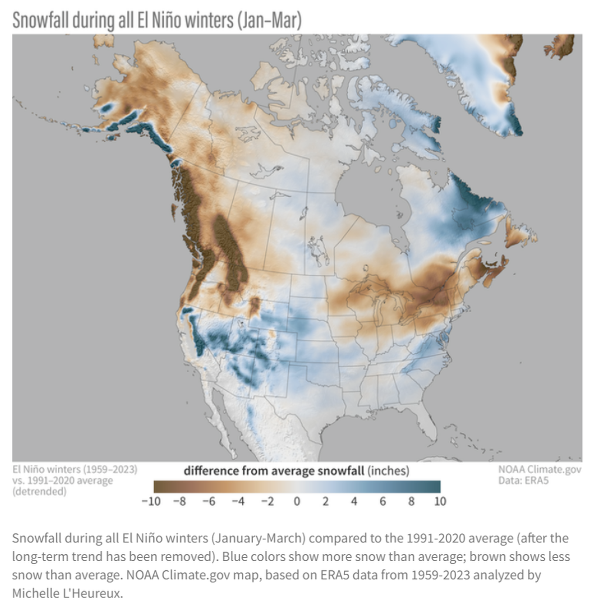 A screen capture of a heat map displaying snowfall during all El Niño winters, between 1959 and 2023.