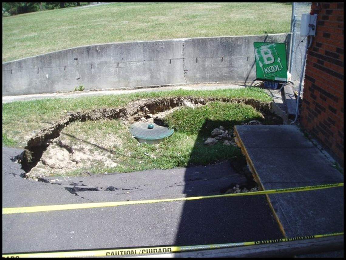 The ground settled near this structure built on mined land in Kentucky.