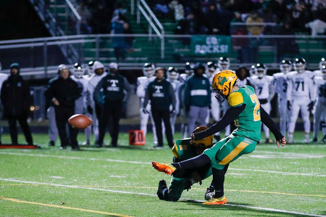 Bryan Station’s Zachary Gentry kicks what turns out to be the game-winning field goal from 35 yards out with 2:21 left in the third quarter. Gentry has attempted only three field goals all season and made them all.