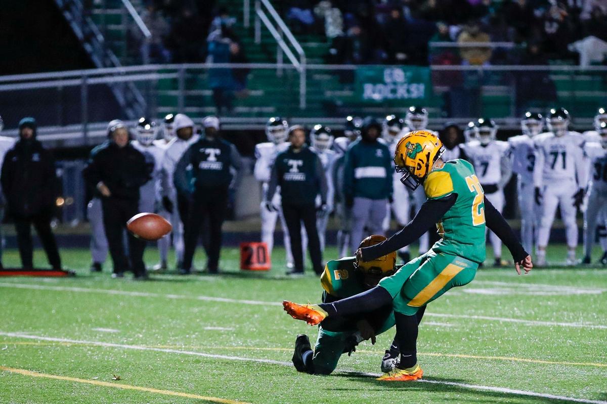 Bryan Station’s Zachary Gentry kicks what turns out to be the game-winning field goal from 35 yards out with 2:21 left in the third quarter. Gentry has attempted only three field goals all season and made them all.