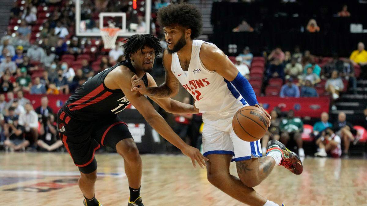 Portland’s Shaedon Sharpe guards Detroit’s Isaiah Livers during the early going of Thursday night’s NBA Summer League game in Las Vegas. Sharpe left the game less than six minutes in because of a shoulder injury.