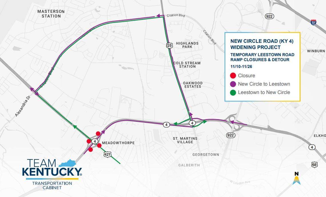 The New Circle Road exit ramps to and from Leestown Road will be closed for a few weeks in November to help expedite the widening project going on in the area.