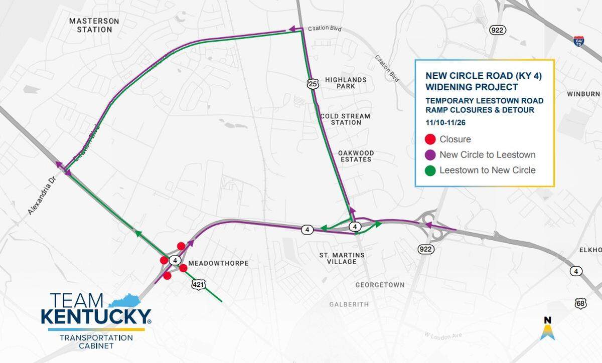 The New Circle Road exit ramps to and from Leestown Road will be closed for a few weeks in November to help expedite the widening project going on in the area.
