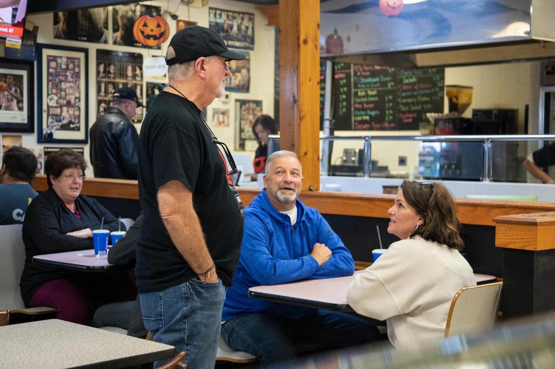 Second generation owner Doug Stephens talks with customers at AmonÕs Sugar Shack in Sumerset, Ky., Wednesday, November 3, 2021. Stephens inherited the business from his parents Amon and Rosemary in the late 1990Õs