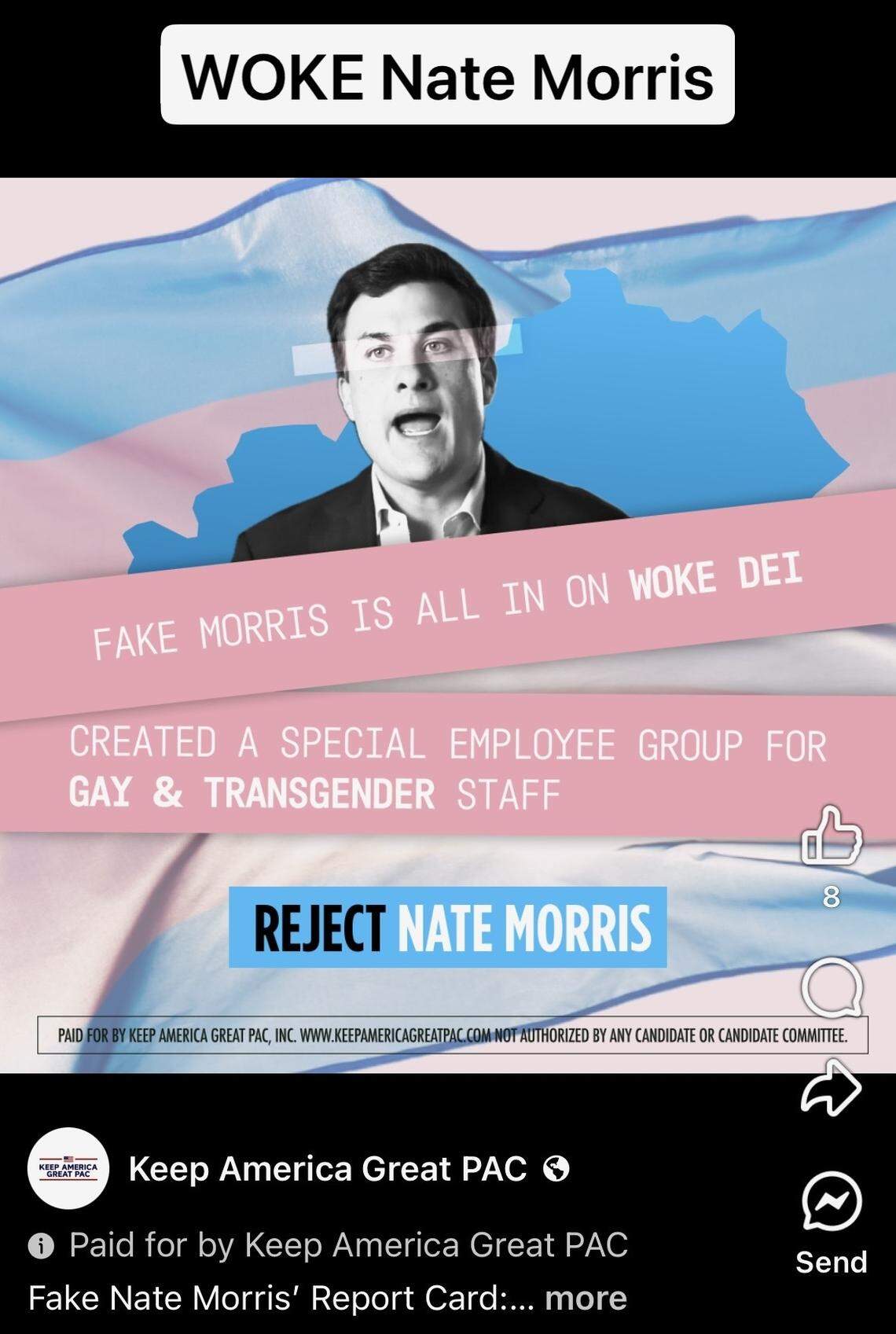 A screenshot of a Facebook Reels ad from Keep America Great PAC against Nate Morris.