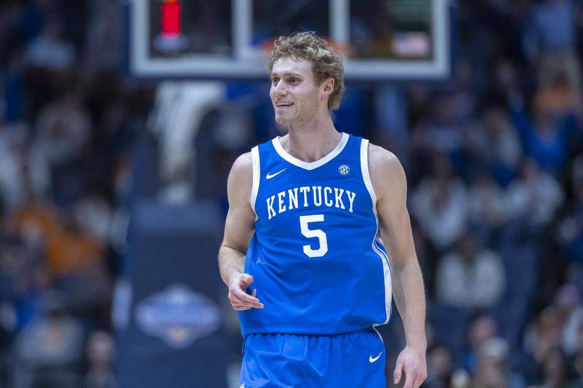 Kentucky sophomore guard Collin Chandler reacts after scoring a basket during a game against Missouri in the SEC Tournament at Bridgestone Arena in Nashville, Tenn., on Thursday, March 12, 2026.