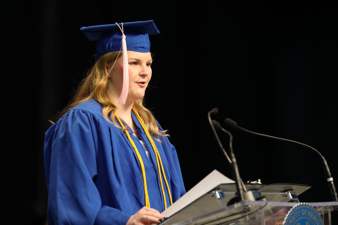 Degree Candidate Julianna Boulden addresses the class of 2025 with an emotionally stirring speech during the first of two UK graduation ceremonies at Central Bank Center on May 9, 2025, in Lexington, Ky.