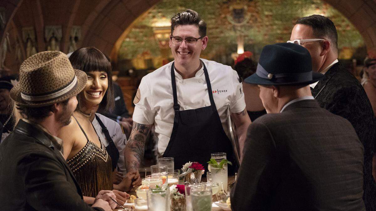 Why is chef Brian Young so happy? Because he might be the luckiest guy of all. If not for Brother Luck, Brian’s canape might have gotten him kicked off “Top Chef” Kentucky. But don’t Padma and the Seelbach look great?