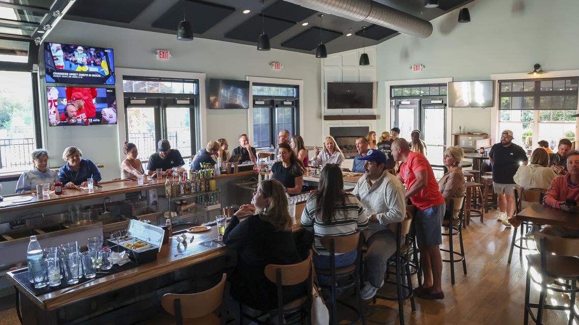 The full-service bar at Southern Cookhouse & Bar, photographed Sunday, Sept.  7, in Lexington, Ky., has eight beers on tap, six of which are from local breweries. 