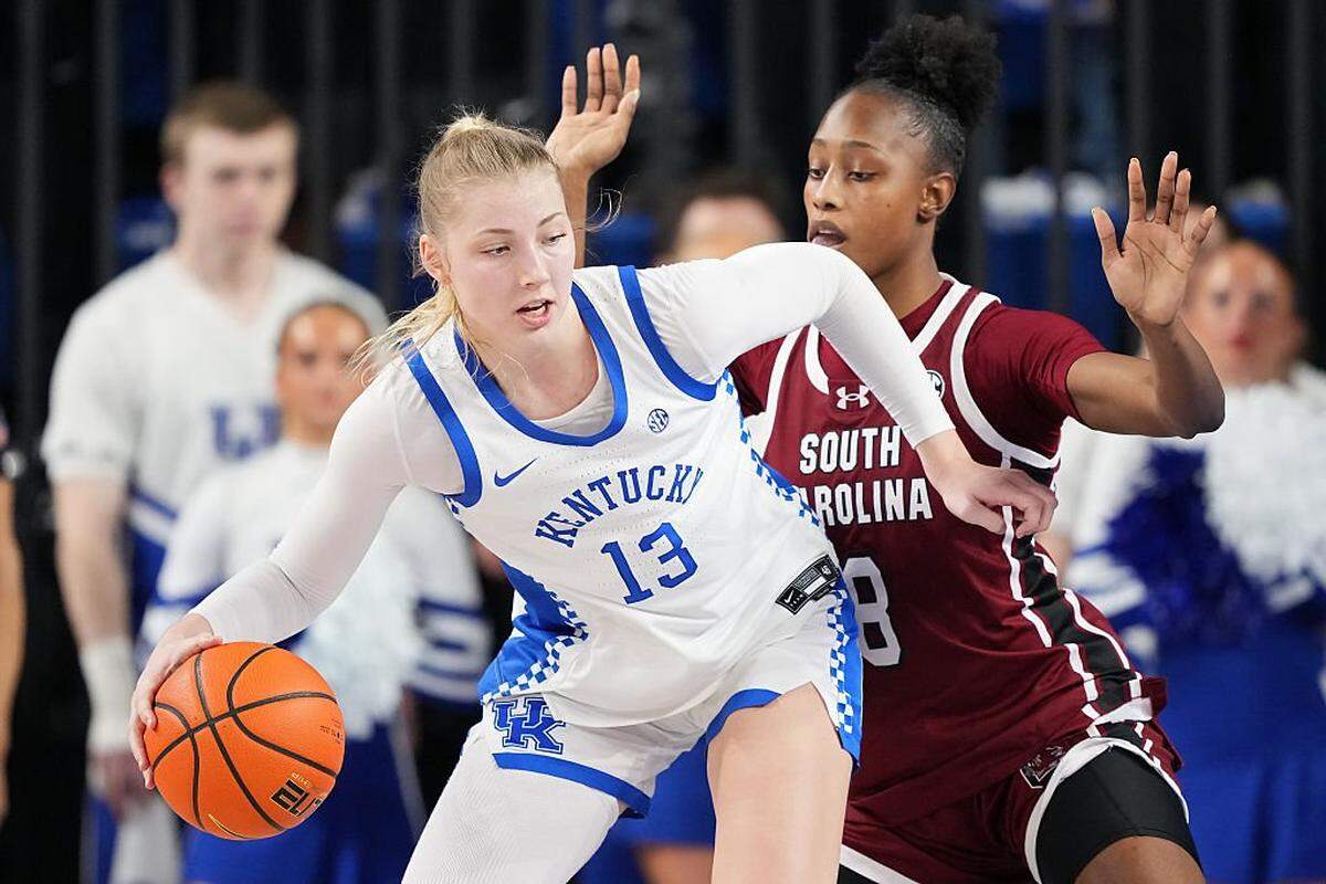  Kentucky center Clara Strack (13) averaged 18.5 points, 9 rebounds, 1.5 assists, 1.5 blocks and 1.5 steals in last season’s two UK games in the NCAA Tournament. Strack and the No. 5 seed Wildcats open their 2026 NCAA tourney drive Saturday against No. 12 James Madison.