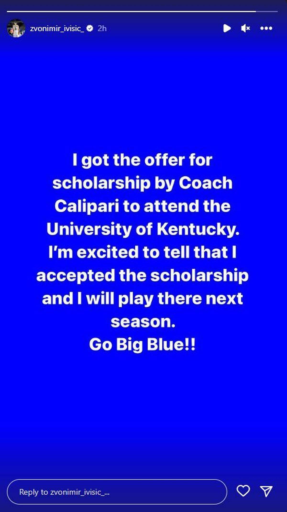 Zvonimir Ivisic posted his commitment to Kentucky on his Instagram account on Tuesday morning.