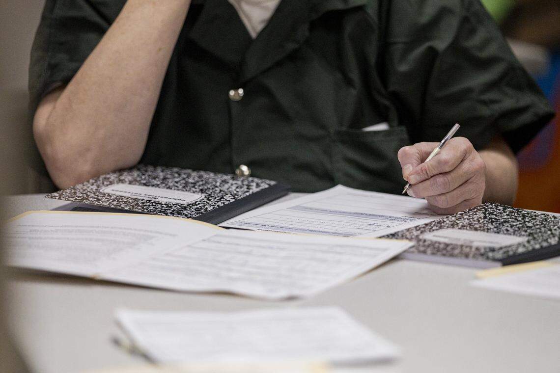 A person who was incarcerated fills out a sheet with their goals during a Second Chance Academy class on Thursday, Aug. 7, 2025, at Fayette County Detention Center in Lexington, Ky. 